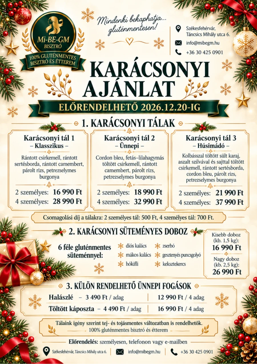 Mi-Be-GM karácsonyi ajánlat 2026 – tálak, sütemények és ünnepi fogások részletes árakkal